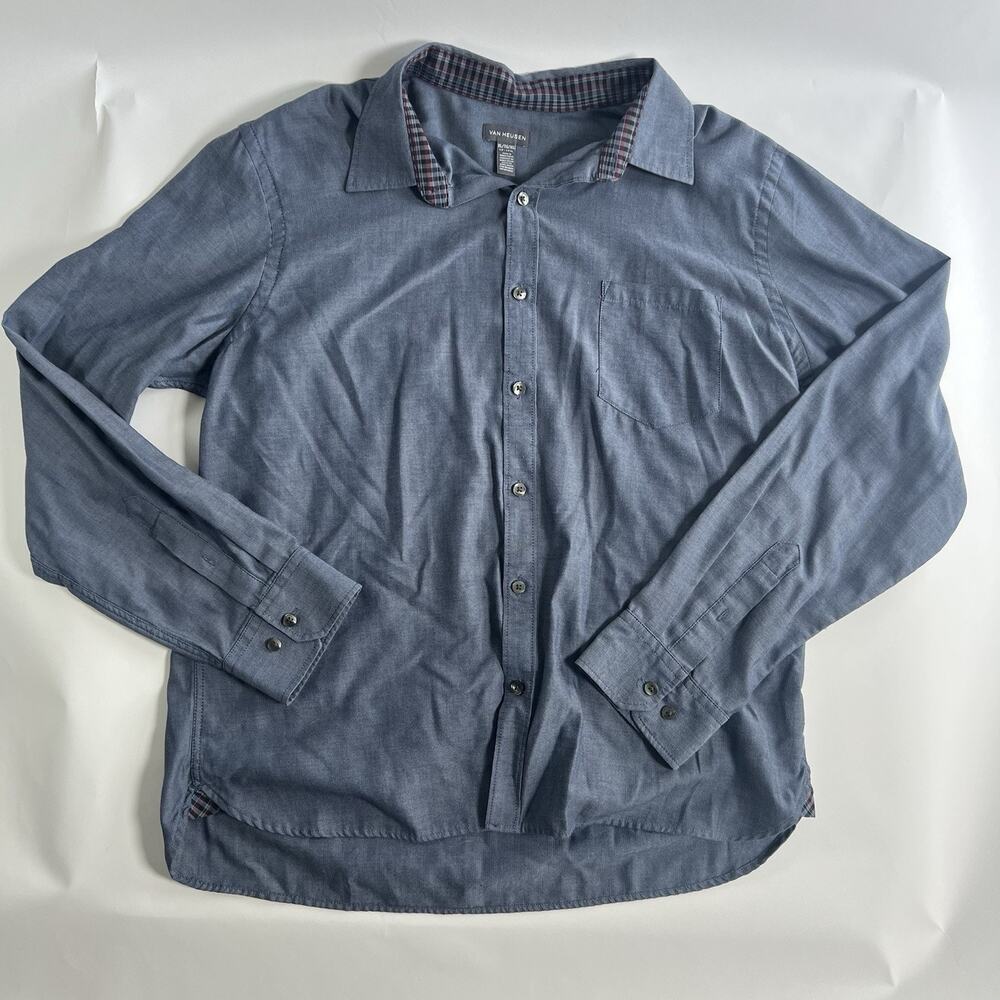 Van Heusen Men's Blue Solid Woven Button-Up Shirt Long Sleeve Pockets XL